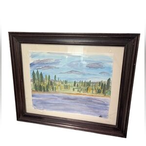 Original painted Pine And Lake,Framed Landscape Watercolor Art
